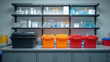 Laboratory waste management station features distinct containers for separating recyclable, hazardous materials. Bins in black, orange, red arranged for proper disposal of chemical, biohazard