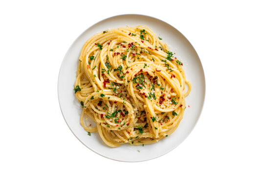 Spaghetti aglio e olio with chili flakes and parsley on a white plate, isolated on transparent background