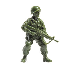 Fototapeta premium Green plastic toy soldier, military pose, holding rifle