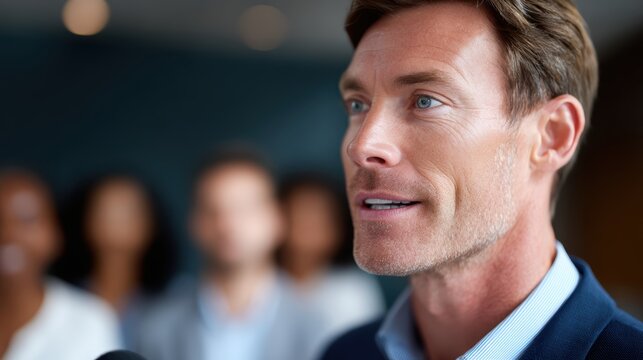 A business man in business casual attire giving a presentation to a diverse group of colleagues. - Powered by Adobe