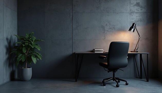 Modern office setup features minimalist interior design with moody lighting. Features desk, ergonomic chair, desk lamp, potted plant against dark textured walls. Ideal for corporate, business, - Powered by Adobe