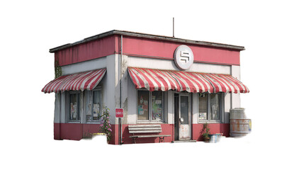 Charming vintage corner store facade with pink accents on transparent background