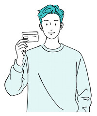 笑顔でクレジットカードを持つ若い男性のおしゃれな線画アイコンベクターイラスト / キャッシュレス / 支払い / ラインアート 