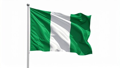 Obraz premium Vibrant Nigerian flag waving proudly on a flagpole against a clean white background, symbolizing freedom and national pride.