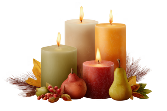 Four lit pillar candles with autumn foliage and pears isolated on a transparent background fall