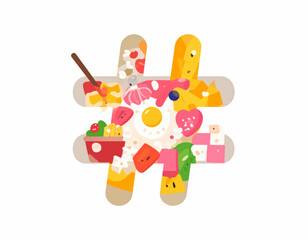 Obraz premium #Foodie A Colorful Collage of Delicious Breakfast and Brunch Treats Arranged in a Hashtag