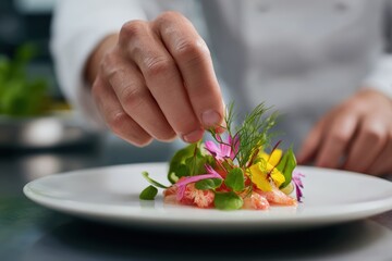 Chef artistically plating a colorful gourmet dish featuring fresh seafood and edible flowers in a contemporary kitchen bathed in natural light
