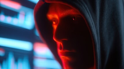 A dramatic shot of a hacker wearing a hoodie, surrounded by multiple glowing monitors with code and digital graphs.