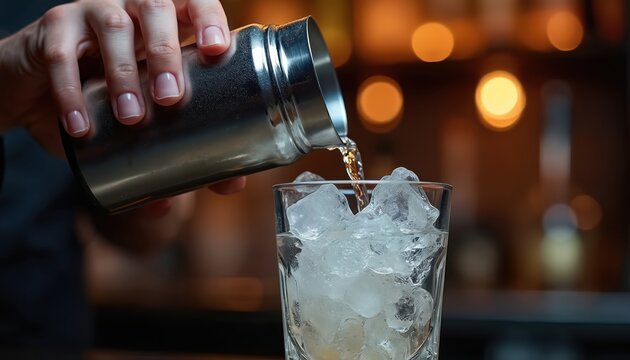 Bartender pours alcoholic drink from shaker into glass filled with ice cubes. Close-up of bar scene with blurred background bokeh lights. Pro mixologist prepares cocktail for customer at night club