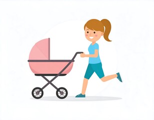 A cheerful woman is jogging while pushing a light pink baby stroller, displaying a vibrant activity.