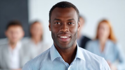 A business man in business casual attire giving a presentation to a diverse group of colleagues.