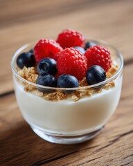 Close-up of creamy yogurt topped with fresh berries and crunchy granola on a wooden table bathed in natural light