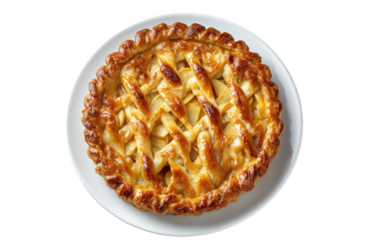 Golden brown lattice top apple pie on white plate isolated on a transparent background tart pastry