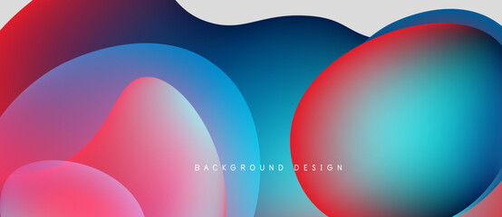 Abstract fluid shapes overlap, creating vibrant color gradients. Pink, blue, purple hues blend seamlessly. Modern design element.