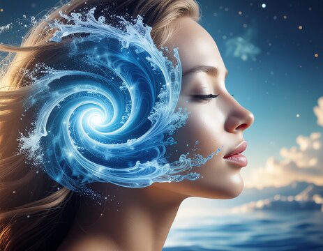 Wanita model dengan rias wajah mempesona dan rambut basah sedang menghadapi air biru dalam mode kecantikan musim dingin untuk kesehatan kulit di spa