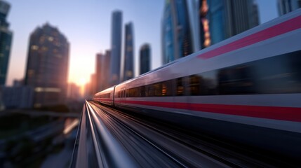Obraz premium High-speed train passing through a futuristic cityscape with towering skyscrapers and digital billboards at sunset