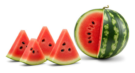 Watermelon slices and whole watermelon on a white background.