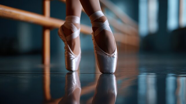 A ballet dancer practicing at a barre in a studio with polished floors and mirrors