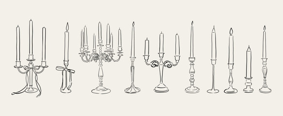 Hand draw coquette sketch style candles set collection.