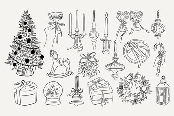 Hand draw sketch style christmas and new year elements collection.
