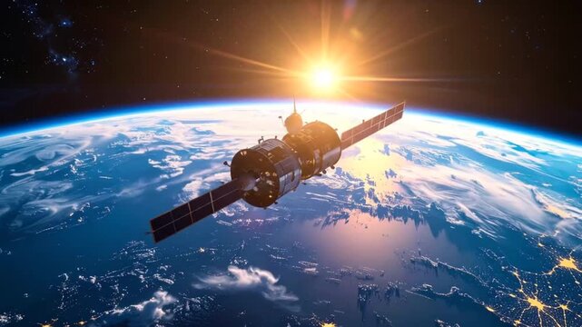 Satellite Orbiting Earth with Sun Flare