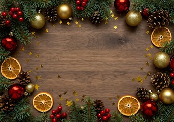 A festive Christmas frame with pine, red berries, and ornaments on a rustic dark wooden table background.

