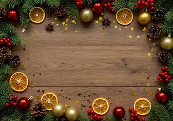 A festive Christmas frame with pine, red berries, and ornaments on a rustic dark wooden table background.

