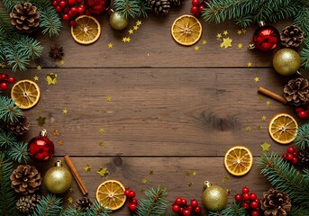 A festive Christmas frame with pine, red berries, and ornaments on a rustic dark wooden table background.

