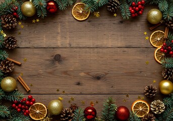 A festive Christmas frame with pine, red berries, and ornaments on a rustic dark wooden table background.

