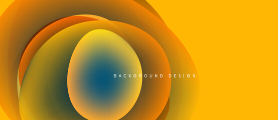 Abstract yellow, orange layers create dynamic flow. Gradient colors blend, forming circular shapes. Modern design element.