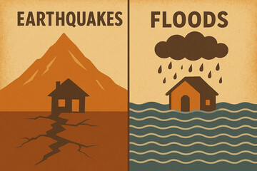 Contrast Effects of Floods and Earthquakes on the Environment and Society