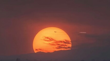 Stunning Sunset Over Horizon with Airplane Silhouetted Against Vibrant Sky