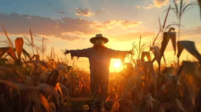 Scarecrow in Cornfield at Sunset: Autumn Harvest Scene