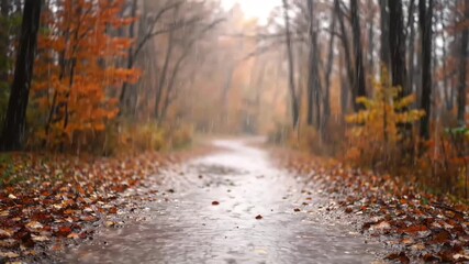 Scenic autumn rain falling on forest path peaceful nature atmospheric motion - Powered by Adobe