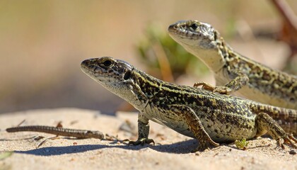 Fototapeta premium Two Lizards in Desert Habitat Closeup View