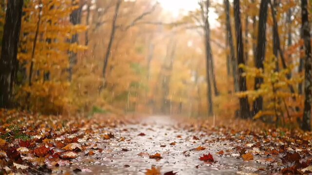 Scenic autumn rain falling on forest path motion with vibrant fall color leaves