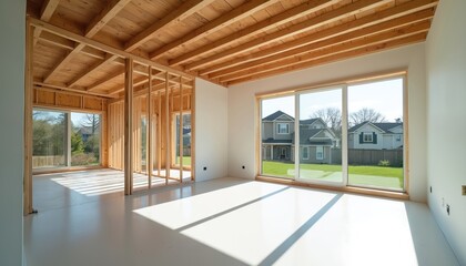 Home addition construction with open floor plan, new windows, spacious design. Wooden frame up, awaiting drywall, final touches for seamless room expansion. Bright interior, light-filled spaces,