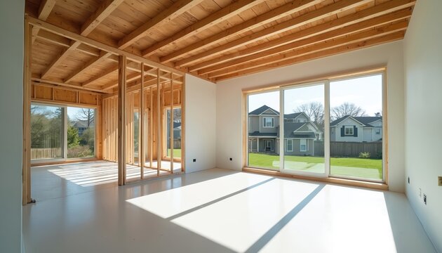 Home addition construction with open floor plan, new windows, spacious design. Wooden frame up, awaiting drywall, final touches for seamless room expansion. Bright interior, light-filled spaces,