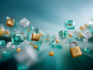 Data security concept with floating golden padlocks and transparent cubes in blue background, symbolizing protection and encryption