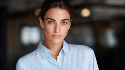 Obraz premium A photorealistic shot of a young business woman in business casual, looking confidently at the camera.