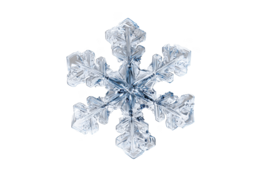 Intricate ice crystal snowflake macro detail with blue hues isolated on a transparent background image