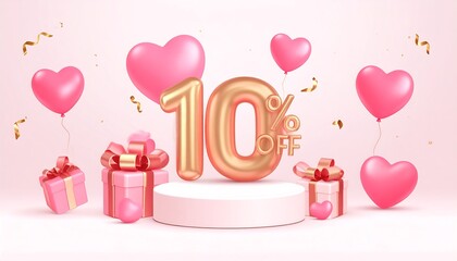 A celebratory display of a ten percent discount offer, featuring pink heart-shaped balloons, gift boxes with bows, and a golden "10%" graphic on a light pink background.