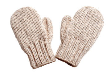 Knitted Cream Colored Mittens Pair Cozy Winter Warmth isolated on a transparent background image