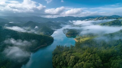 Aerial View of Serene River Meandering Through Lush Green Forests Under Cloudy Sky