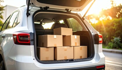 Delivery Car Trunk Full of Cardboard Boxes at Sunset