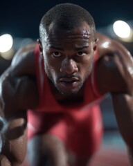 A professional athlete sprinting on a stadium track, muscles tense and determination clear on their face, under the glow of stadium lights