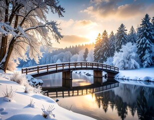 Winter sunrise over a snowy landscape with a bridge