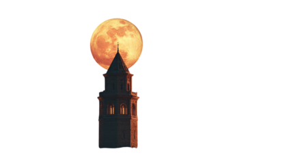 Tower silhouetted against full moon isolated on transparent background