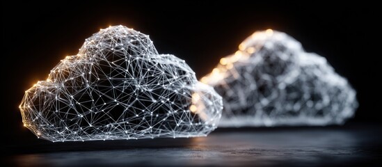 Two luminous cloud forms, rendered as interconnected nodes and lines, glow with warm and cool light against a dark background.  One is in sharp focus, the other softly blurred in the distance