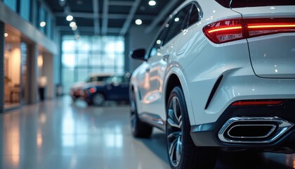New luxury SUV with sleek design featured in modern car showroom. Premium ambiance attracts auto enthusiasts, buyers. Elegant contemporary vehicle selection for purchase. Advanced technology,